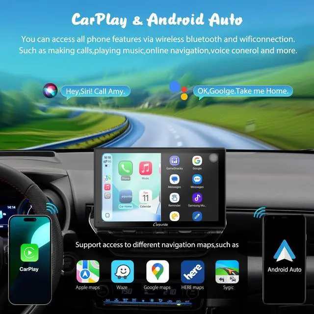 Alt view image 3 of 4 - W901 Pro with Wireless Bluetooth Transmission Portable Carplay & Android Auto Car Stereo, 1080P Touch Screen, Mirror Link/GPS/Siri/FM, with 3 Bracket