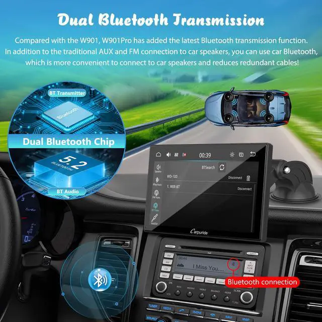 Alt view image 4 of 4 - W901 Pro with Wireless Bluetooth Transmission Portable Carplay & Android Auto Car Stereo, 1080P Touch Screen, Mirror Link/GPS/Siri/FM, with 3 Bracket