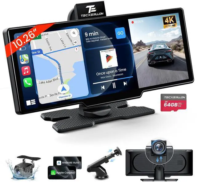 Main image of 10.26" Portable Apple CarPlay Screen for Car, Wireless Car Play & Android Auto, 4K Dash Cam and 1080P Backup Camera, OTA, GPS Navigation, Voice Control, Mirror Link