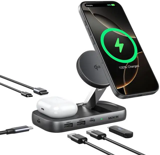 Main image of USB C Hub 15W Wireless Charger, Qi2 Certified Magsafe Charging Stand with 4K@60Hz HDMI, 100W PD, 10Gbps USB C/A, and 5W Charging Pad, Laptop Docking Station for MacBook/Windows