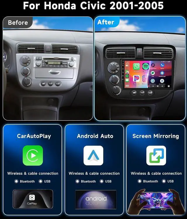 Alt view image 2 of 4 - 4GB 64GB Radio for Honda Civic 2001-2005 Car Stereo with Wireless CarPlay 5.0Bluetooth DSP 32EQ 5GhzWiFi 9Inch 1280x720P IPS Touchscreen GPS FM/RDS Android Auto MirrorLink AHD Backup Camera