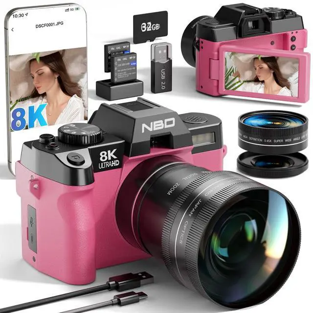 Main image of 8K 64MP Digital Cameras for Photography with 16X Zoom,Autofocus Vlogging Camera with 180°Flip Screen,Point and Shoot Digital Cameras with 2 Batteries,32GB Card,52mm Macro Lens (Pink)