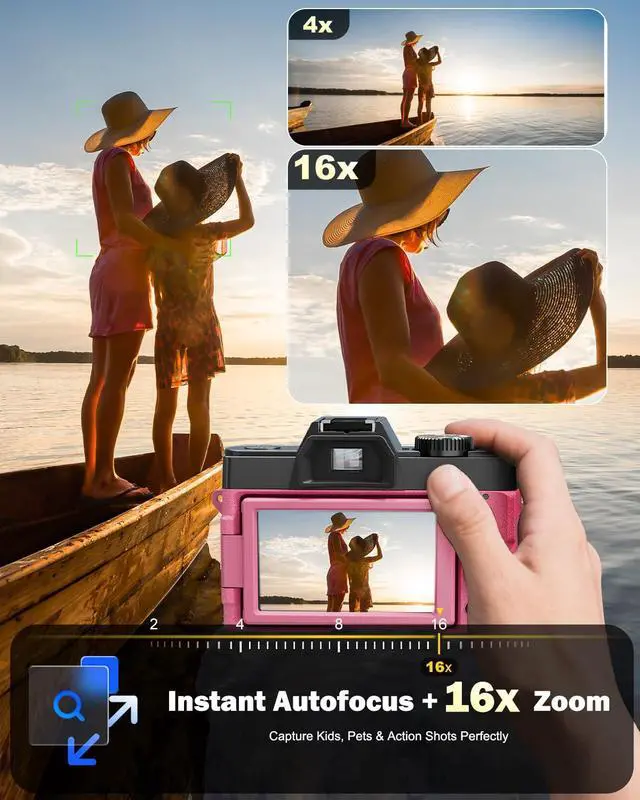 Alt view image 3 of 4 - 8K 64MP Digital Cameras for Photography with 16X Zoom,Autofocus Vlogging Camera with 180°Flip Screen,Point and Shoot Digital Cameras with 2 Batteries,32GB Card,52mm Macro Lens (Pink)