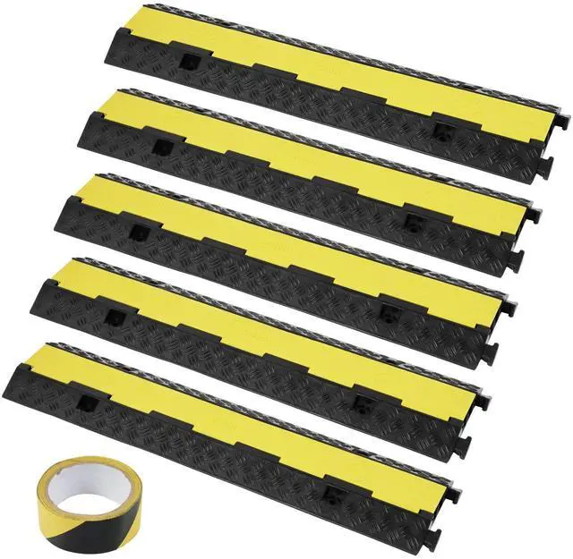 Main image of 5 PCs Rubber Cable Protector Ramp, 2 Channel, 12000 lbs/axle Capacity Heavy Duty Hose Wire Cover Ramp Driveway, Traffic Speed Bump w/Flip-Open Top Cover & 50 ft Warning Tape, for Indoor&Outdoor