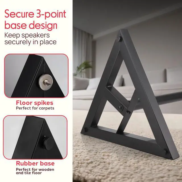 Alt view image 4 of 4 - Speaker Stand Pair of Sound Play 1 and 3 Holder - Telescoping Height Adjustable from 26 - 52 Inch High Heavy Duty Three-point Triangle Base w/ Floor Spikes and 9 Square Platform, Black