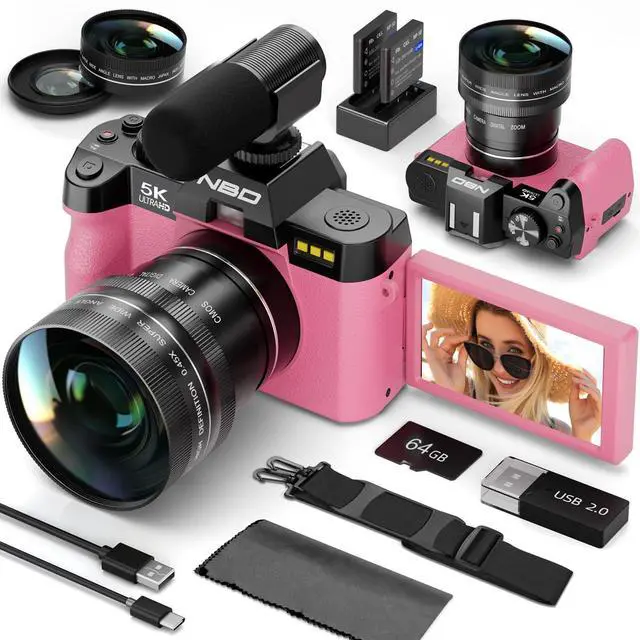 Main image of 5K Digital Cameras for Photography - 16X Zoom Travel Camera with 180° Flip Screen, 64MP Vlogging Cameras Fotograficas for YouTube, Auto Focus, Macro Lens, 2 Batteries & 64GB TF Card(Pink)