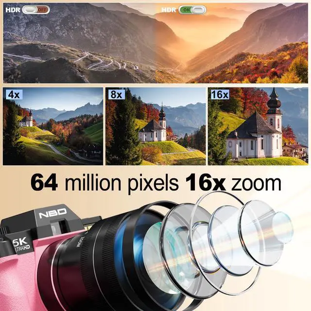 Alt view image 2 of 4 - 5K Digital Cameras for Photography - 16X Zoom Travel Camera with 180° Flip Screen, 64MP Vlogging Cameras Fotograficas for YouTube, Auto Focus, Macro Lens, 2 Batteries & 64GB TF Card(Pink)