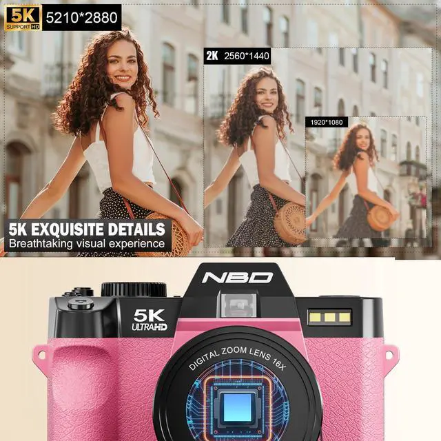 Alt view image 3 of 4 - 5K Digital Cameras for Photography - 16X Zoom Travel Camera with 180° Flip Screen, 64MP Vlogging Cameras Fotograficas for YouTube, Auto Focus, Macro Lens, 2 Batteries & 64GB TF Card(Pink)