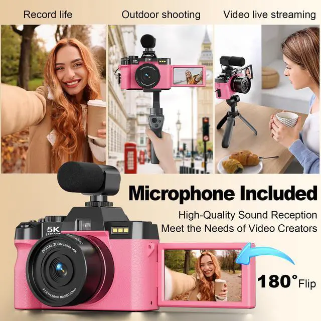 Alt view image 4 of 4 - 5K Digital Cameras for Photography - 16X Zoom Travel Camera with 180° Flip Screen, 64MP Vlogging Cameras Fotograficas for YouTube, Auto Focus, Macro Lens, 2 Batteries & 64GB TF Card(Pink)