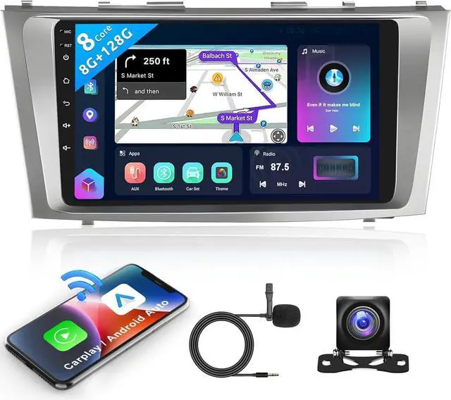 Main image of 8 Core 8+128G Android Car Radio Stereo for Toyota Camry 2006-2011 with Wireless Carplay Android Auto, 9 Inch QLED Touch Screen, WiFi/4G, GPS Navi, DSP/Hi-Res, AM/FM, Bluetooth 5.0, Backup Camera