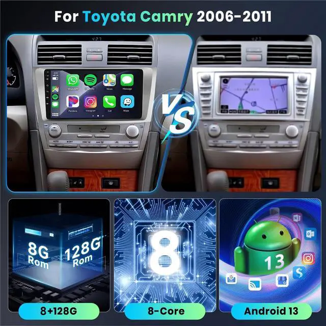 Alt view image 3 of 4 - 8 Core 8+128G Android Car Radio Stereo for Toyota Camry 2006-2011 with Wireless Carplay Android Auto, 9 Inch QLED Touch Screen, WiFi/4G, GPS Navi, DSP/Hi-Res, AM/FM, Bluetooth 5.0, Backup Camera