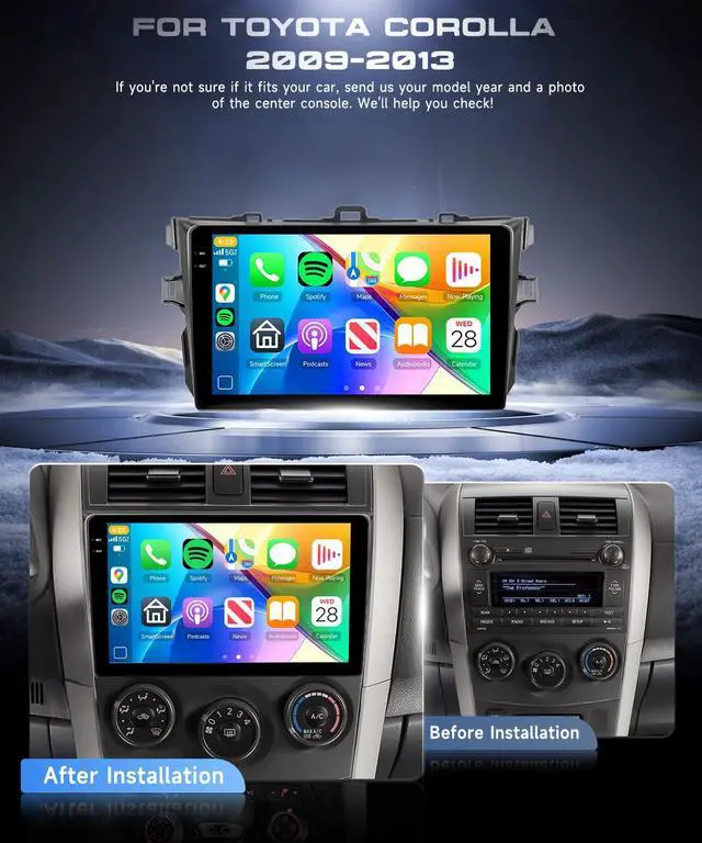 Alt view image 3 of 4 - 4G+128G Android 15 Car Radio for Toyota Corolla 2009-2013, Wireless CarPlay Android Auto, 9 Incell HD Touch Screen Car Stereo with GPS, WiFi, Bluetooth 5.0, FM, 32 EQ, SWC, Backup Camera