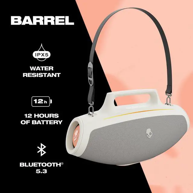 Alt view image 2 of 4 - Barrel Bluetooth Boombox Speaker Water-Resistant Wireless Portable Speaker, with LED Lightshow Mode, 12 Hour Battery, Multi-Link, & USB-C & USB-A Output Charging (Bone)