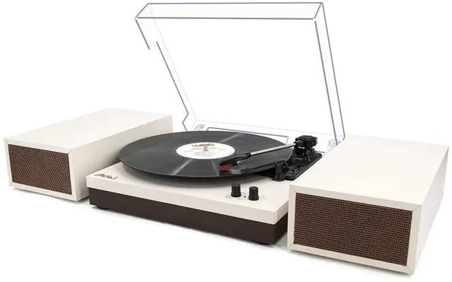 Main image of Wireless Turntable with Stereo Bookshelf Speakers, Retro Record Player with Wireless Playback, 3 Speed Belt-Drive Vintage Turntable with Auto Off, Milk White