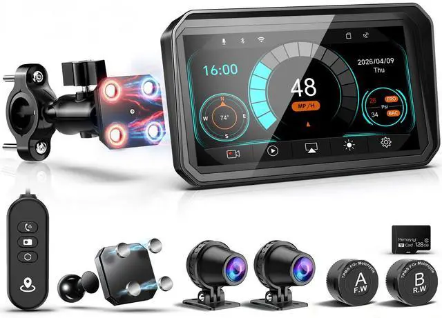 Main image of 2026 6" Portable Motorcycle CarPlay GPS(Includes 128G SD), with Wireless Android Auto, Dual 2K Dash Cam/Recorder, Navigation, HD Waterproof Touchscreen, Quick-Release Magnetic Bracket, TPMS, BT