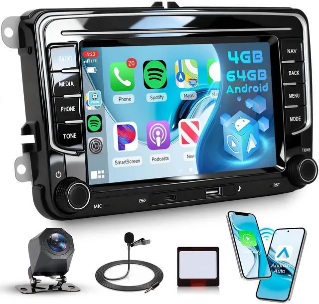Main image of 4G 64G Android Car Stereo for VW Passat Golf MK5 MK6 Jetta T5 EOS Polo Touran Seat Sharan Wireless Carplay Android Auto, 7'' Touchscreen Car Radio with GPS/BT 5.0/5G-WIFI/32EQ FM Backup Camera SWC