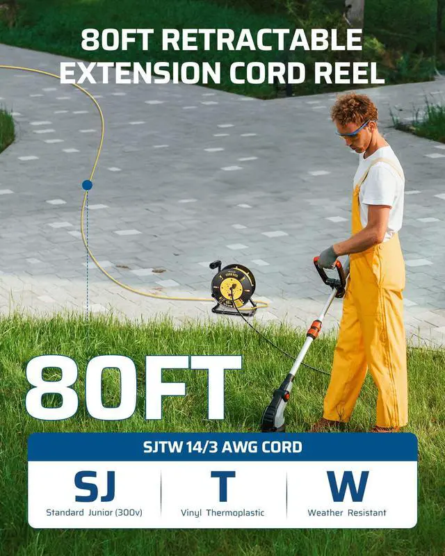 Alt view image 2 of 4 - Retractable Extension Cord Reel, 80FT Heavy Duty Open Cord Reel for Indoor Outdoor, 14/3 AWG SJTW, 4 Grounded Outlets, 13 Amp Circuit Breaker,Handle Rewind, Metal Stand, ETL Listed
