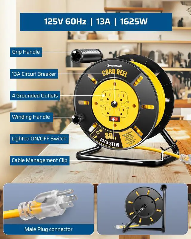 Alt view image 3 of 4 - Retractable Extension Cord Reel, 80FT Heavy Duty Open Cord Reel for Indoor Outdoor, 14/3 AWG SJTW, 4 Grounded Outlets, 13 Amp Circuit Breaker,Handle Rewind, Metal Stand, ETL Listed