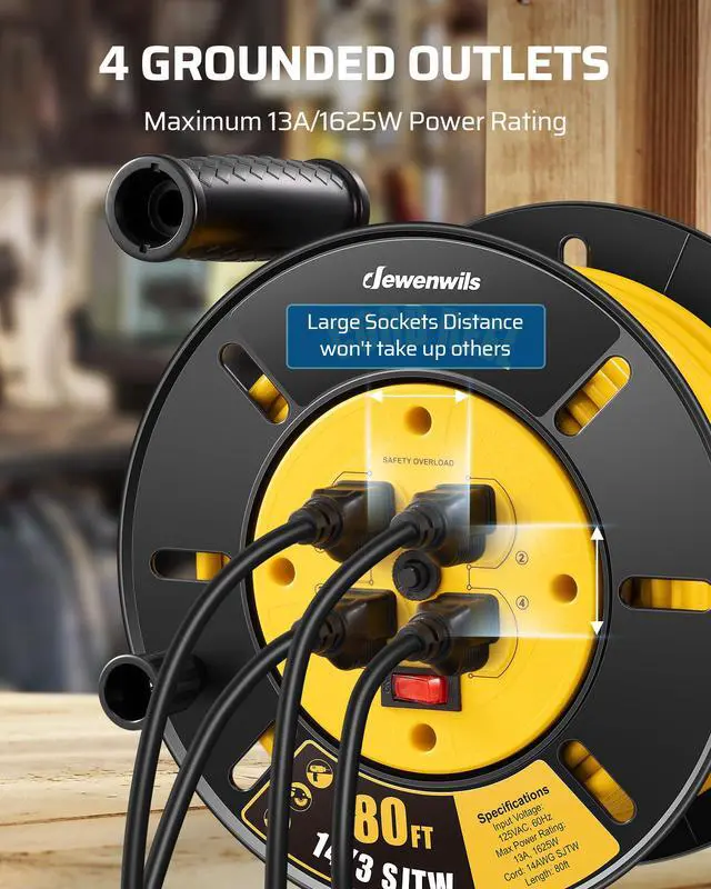 Alt view image 4 of 4 - Retractable Extension Cord Reel, 80FT Heavy Duty Open Cord Reel for Indoor Outdoor, 14/3 AWG SJTW, 4 Grounded Outlets, 13 Amp Circuit Breaker,Handle Rewind, Metal Stand, ETL Listed