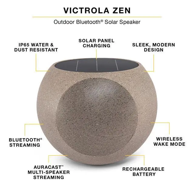 Alt view image 3 of 4 - Zen Wireless Outdoor Bluetooth Solar Speaker IP65 Weather Resistant, Solar Charging, Multi-Speaker Connection Using Auracast (Each, Stone)