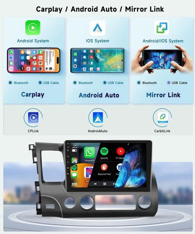 Alt view image 3 of 4 - 6G+128G 8Core Android 13.0 Car Stereo for Honda Civic 2006-2011 with Wireless Carplay/Android Auto, 10.1 inch 1280 * 720 Touchscreen Radio, WiFi 4G/GPS/AM/FM/DSP Audio/SWC/HD Rear Camera