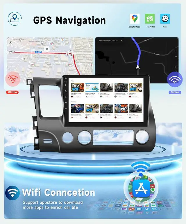 Alt view image 4 of 4 - 6G+128G 8Core Android 13.0 Car Stereo for Honda Civic 2006-2011 with Wireless Carplay/Android Auto, 10.1 inch 1280 * 720 Touchscreen Radio, WiFi 4G/GPS/AM/FM/DSP Audio/SWC/HD Rear Camera