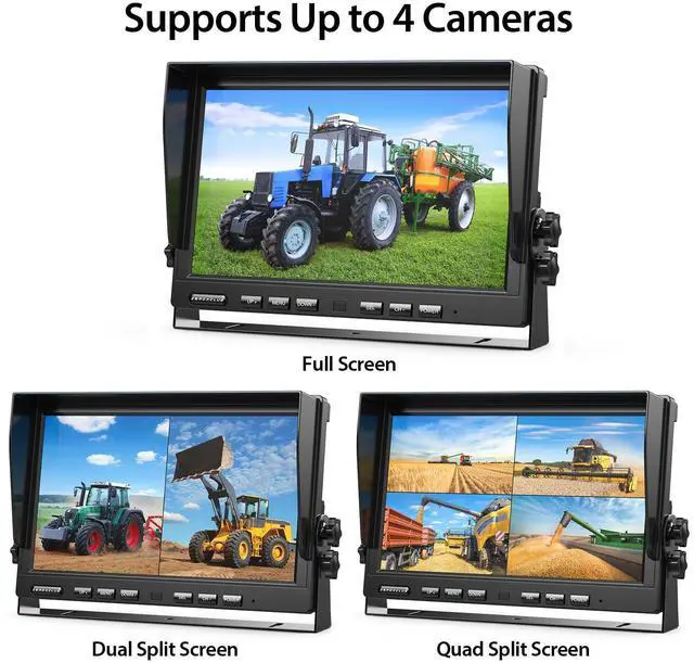 Alt view image 3 of 4 - 2 Wired Rear View Backup Camera System, 10" 1080P Monitor IP69K Waterproof Vibration-Proof 10G Reverse Camera, Quad Split Screen for Tractor, Truck, Trailer, Combine, Heavy Equipment, BH102