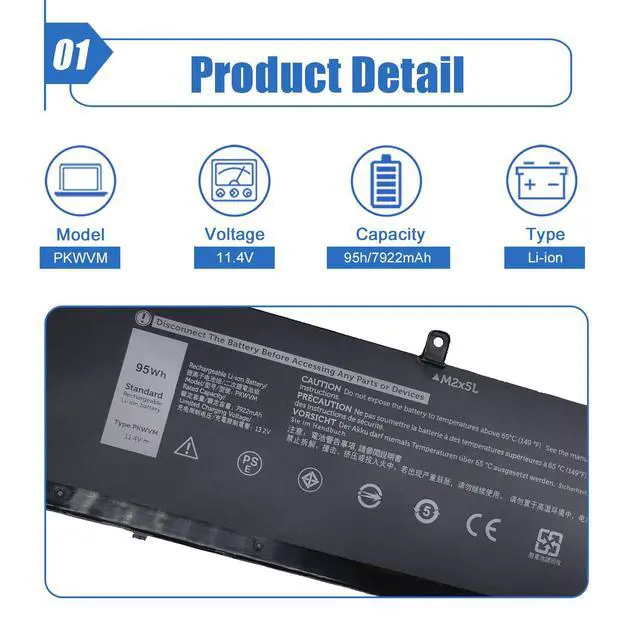 Alt view image 2 of 4 - 95Wh PKWVM Laptop Battery Replace for Dell Precision 7760 7560 7550 7750 Series C903V 453-BBCQ CR72X 0CR72X 68ND3 068N03 11.4V 7922mAh 6-Cells
