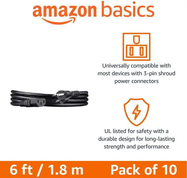 Alt view image 2 of 4 - PC Power Cord for Monitor, Computer, TV, 3 Prong, 18 AWG, 125 Volts, 6 feet, Black, 20-Pack, UL Listed