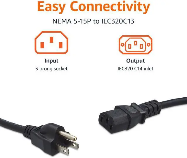 Alt view image 3 of 4 - PC Power Cord for Monitor, Computer, TV, 3 Prong, 18 AWG, 125 Volts, 6 feet, Black, 20-Pack, UL Listed