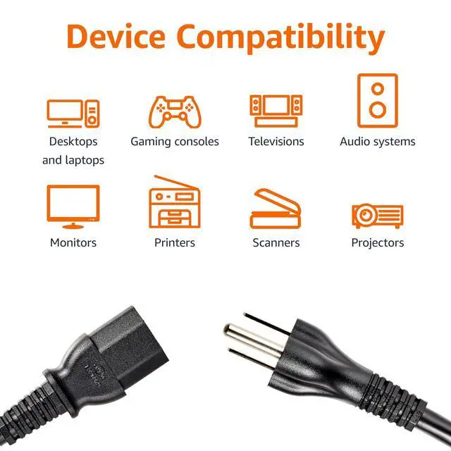 Alt view image 4 of 4 - PC Power Cord for Monitor, Computer, TV, 3 Prong, 18 AWG, 125 Volts, 6 feet, Black, 20-Pack, UL Listed