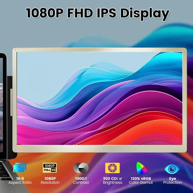 Alt view image 2 of 6 - Laptop Screen Extender, 15.6" Portable Monitor for Laptop with 120% sRGB, FHD IPS & USB to HDMI Hub & 235° Rotation, Triple Monitor Extender Plug & Play Fits for All Laptops (Mac/Win/Android)