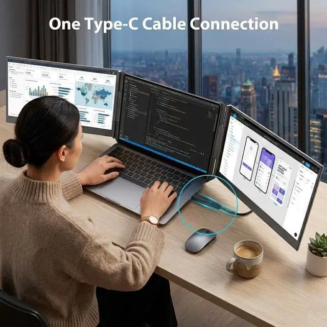Alt view image 3 of 6 - 15.6" Triple Laptop Screen Extender One Cable, 1080P FHD Portable Dual Monitor, Ultra-Slim Travel Monitor Extender for Triple Display on Mac/Windows, Fits 13"-17.3" Laptops(Driver Required)