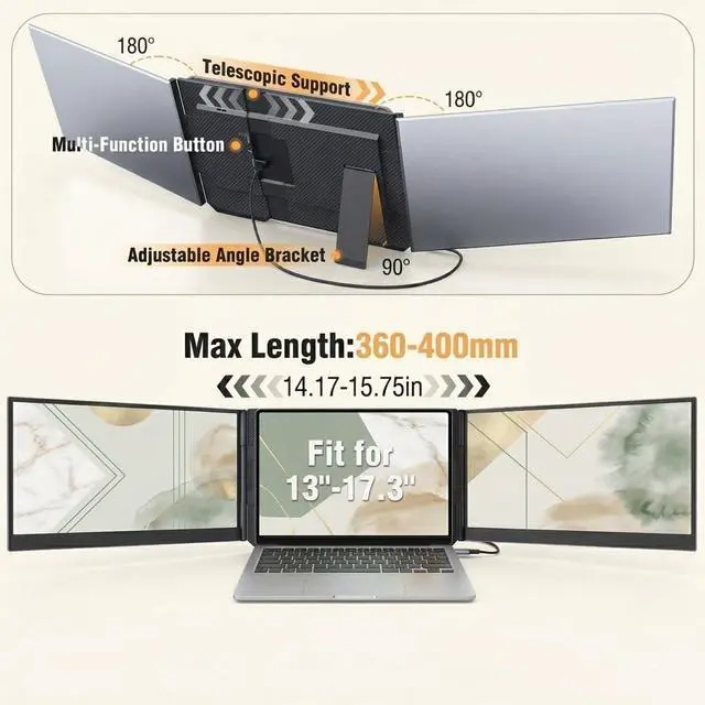 Alt view image 4 of 6 - 15.6" Triple Laptop Screen Extender One Cable, 1080P FHD Portable Dual Monitor, Ultra-Slim Travel Monitor Extender for Triple Display on Mac/Windows, Fits 13"-17.3" Laptops(Driver Required)
