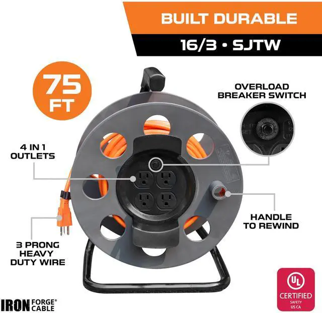 Alt view image 4 of 6 - 75 Ft Extension Cord Reel with 4 Electrical Power Outlets & Breaker Switch - 16/3 SJTW Heavy Duty Orange Cable with 3 Prong Grounded Plug, Portable Cord Reel