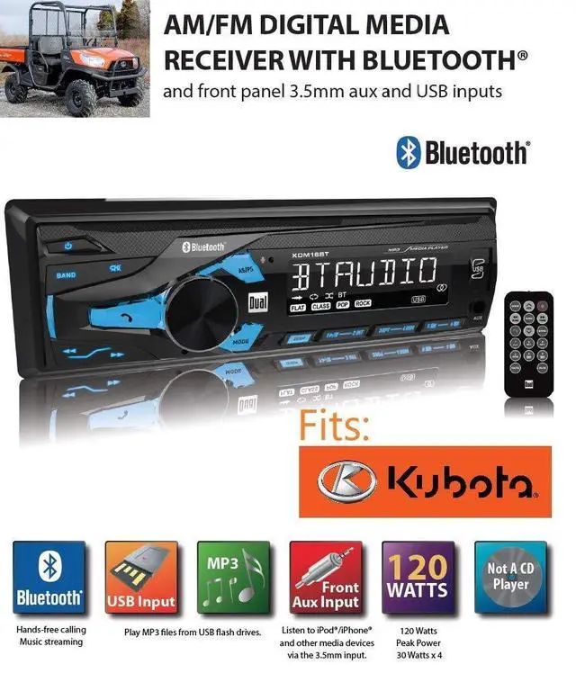 Alt view image 2 of 6 - Compatible Kubota Tractor Direct Connect Stereo Radio MP3 AM FM USB Aux Bluetooth LX2610 LX RTV-1100 RTX-1100C Harness Plug B2650 RTV RTX