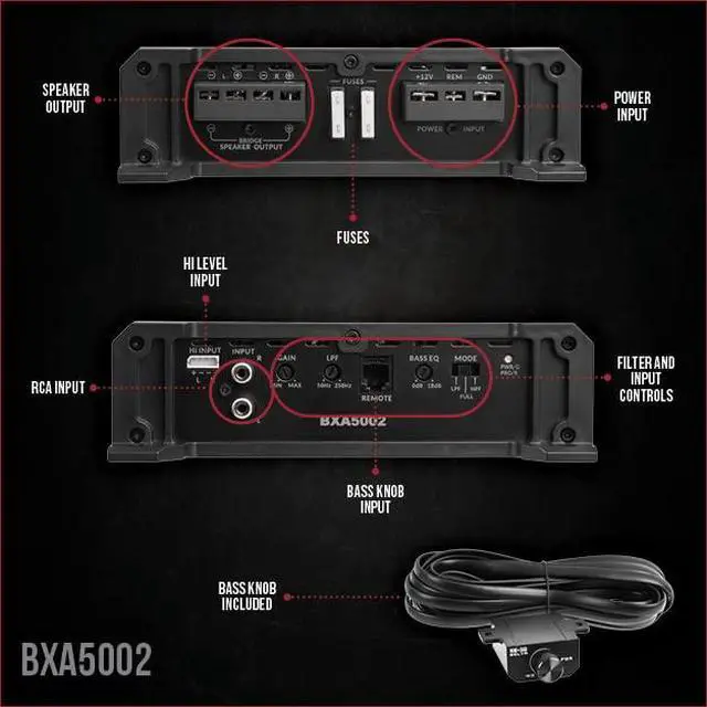 Alt view image 2 of 6 - BXA5002 500W Peak BX-Series 2-Ohm Stable Class-A/B 2-Channel Car Audio MOSFET Amplifier with Remote Subwoofer Level Control