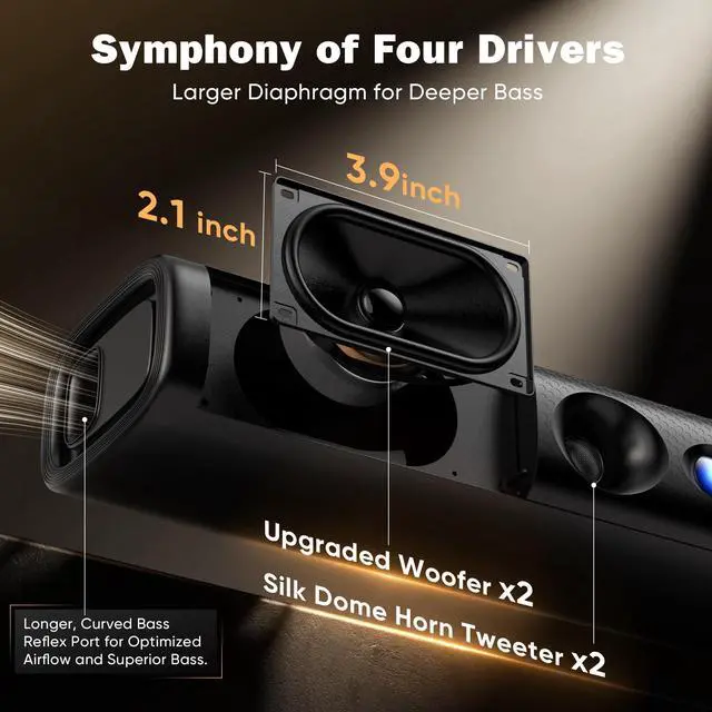 Alt view image 2 of 6 - Sound Bar for Smart TV,3.1ch Soundbar with Wired Subwoofer,100W Deep Bass, TV-ARC/Optical/AUX/Bluetooth 5.3 Connect, Surround Sound System for TV PC/Gaming/Projectors