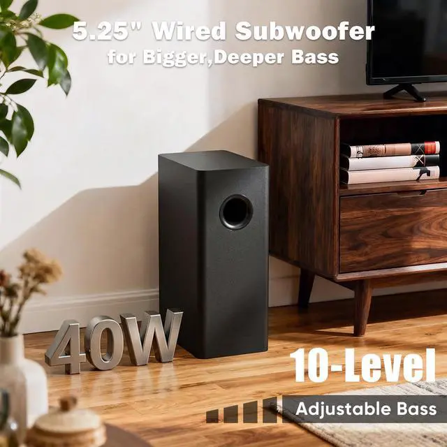 Alt view image 3 of 6 - Sound Bar for Smart TV,3.1ch Soundbar with Wired Subwoofer,100W Deep Bass, TV-ARC/Optical/AUX/Bluetooth 5.3 Connect, Surround Sound System for TV PC/Gaming/Projectors