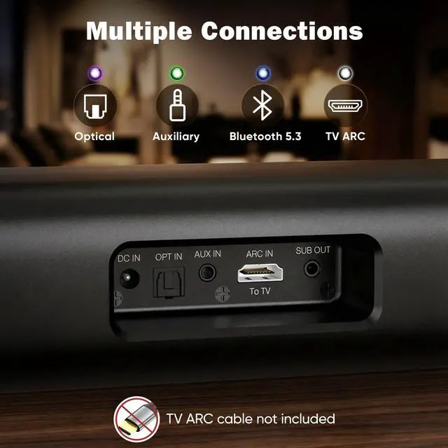 Alt view image 4 of 6 - Sound Bar for Smart TV,3.1ch Soundbar with Wired Subwoofer,100W Deep Bass, TV-ARC/Optical/AUX/Bluetooth 5.3 Connect, Surround Sound System for TV PC/Gaming/Projectors
