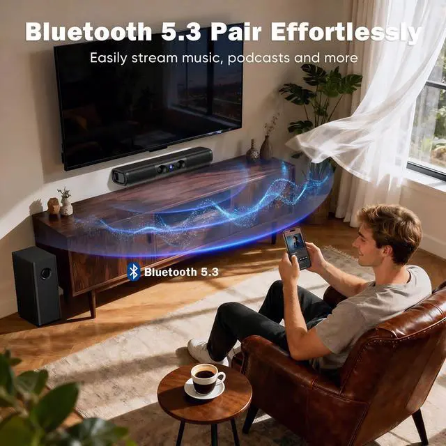 Alt view image 5 of 6 - Sound Bar for Smart TV,3.1ch Soundbar with Wired Subwoofer,100W Deep Bass, TV-ARC/Optical/AUX/Bluetooth 5.3 Connect, Surround Sound System for TV PC/Gaming/Projectors