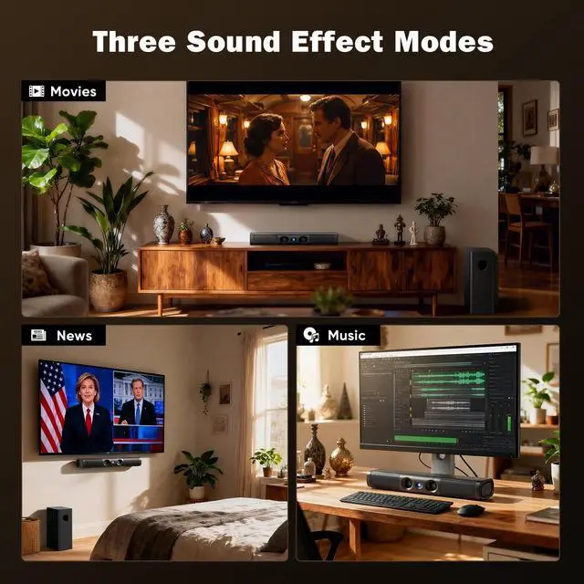 Alt view image 6 of 6 - Sound Bar for Smart TV,3.1ch Soundbar with Wired Subwoofer,100W Deep Bass, TV-ARC/Optical/AUX/Bluetooth 5.3 Connect, Surround Sound System for TV PC/Gaming/Projectors