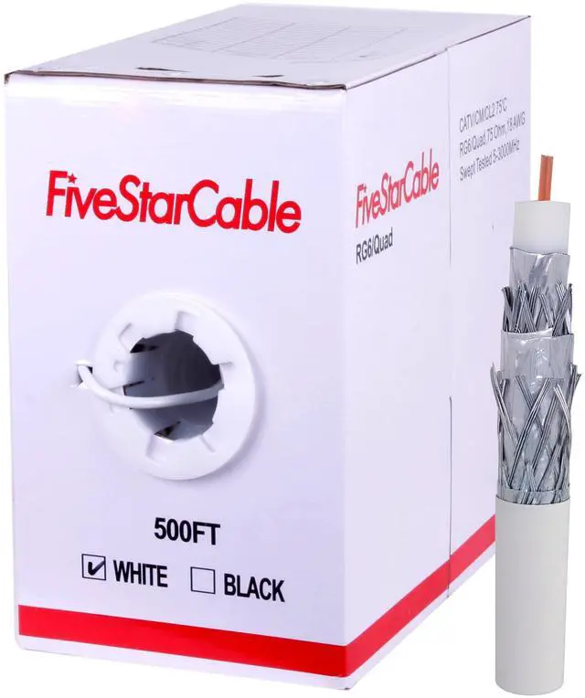 Main image of RG6 500ft Quad Shielded Coaxial Cable - Easy Pull Box, Black & White, ETL, CL2 Rated, 18 AWG, 75 Ohm, for HDTV, Satellite, Cable TV, Internet, and CCTV Installations (White, 500 Ft)