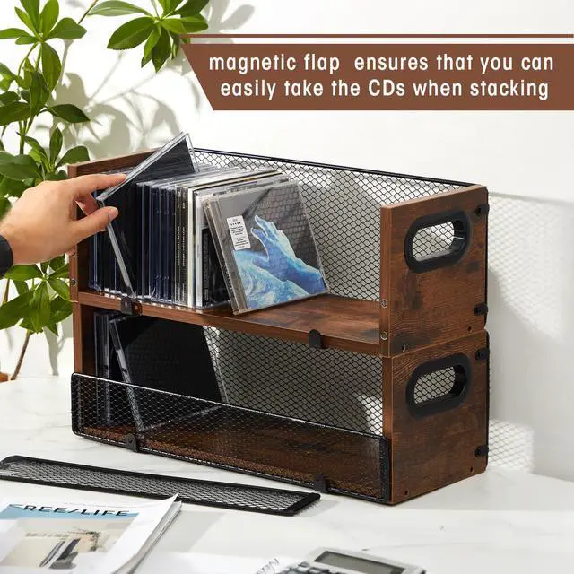 Alt view image 3 of 6 - 4 Pcs Wooden Cd Storage Box Holder Racks Retro Cassette Tape Display Stand with Carrying Handles, Organizer Shelf for Movie Cases, Dvds, Cd Organizer Can Store up to 36 Pcs