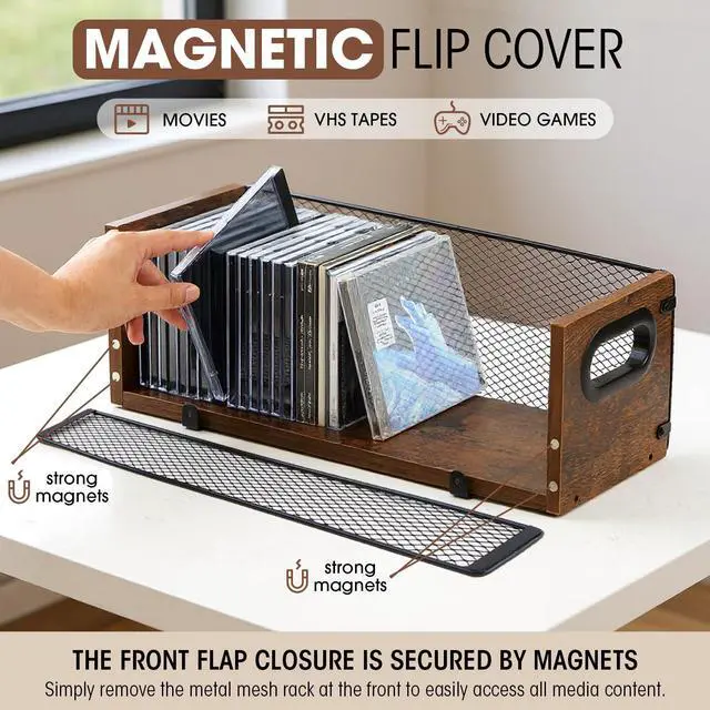Alt view image 4 of 6 - 4 Pcs Wooden Cd Storage Box Holder Racks Retro Cassette Tape Display Stand with Carrying Handles, Organizer Shelf for Movie Cases, Dvds, Cd Organizer Can Store up to 36 Pcs