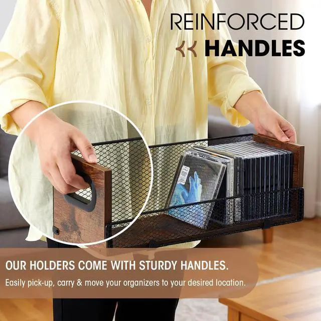 Alt view image 5 of 6 - 4 Pcs Wooden Cd Storage Box Holder Racks Retro Cassette Tape Display Stand with Carrying Handles, Organizer Shelf for Movie Cases, Dvds, Cd Organizer Can Store up to 36 Pcs