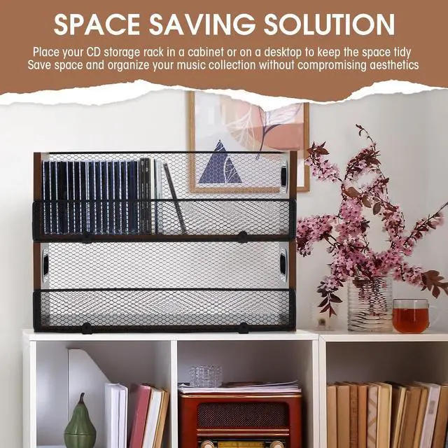Alt view image 6 of 6 - 4 Pcs Wooden Cd Storage Box Holder Racks Retro Cassette Tape Display Stand with Carrying Handles, Organizer Shelf for Movie Cases, Dvds, Cd Organizer Can Store up to 36 Pcs