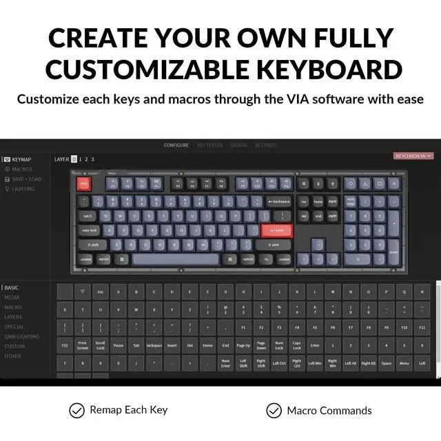 Alt view image 3 of 6 - V6 Wired Custom Mechanical Keyboard, Full-Size QMK/VIA Programmable Macro with Hot-swappable K Pro Red Switch Compatible with Mac Windows Linux (Frosted Black-Translucent)