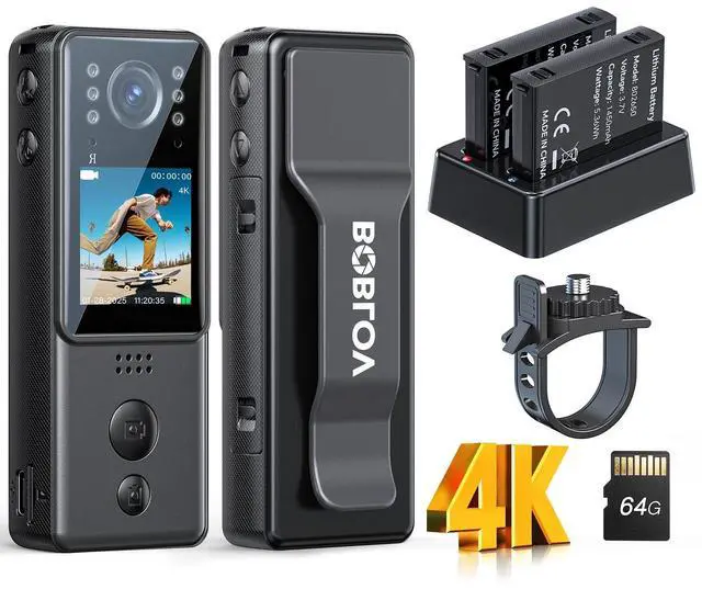 Main image of 4K Mini Body Camera with Video and Audio 64G, 2X 1400mAh Batteries& Charging Dock, A29 Body Wearable Camera with Night Vision & Bike Mount for Security, Vlogging, Pet, Cycling, Daily Recording
