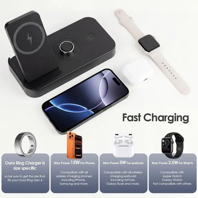 Alt view image 2 of 6 - 4 in 1 Charging Station for Oura Ring Gen 4 Charger, Fast Charger for iPhone17/16/15/14/13/12, Apple Watch, AirPods, Samsung Galaxy S25/S24/S23/S22/S21, Galaxy Watch Buds (Size 8)